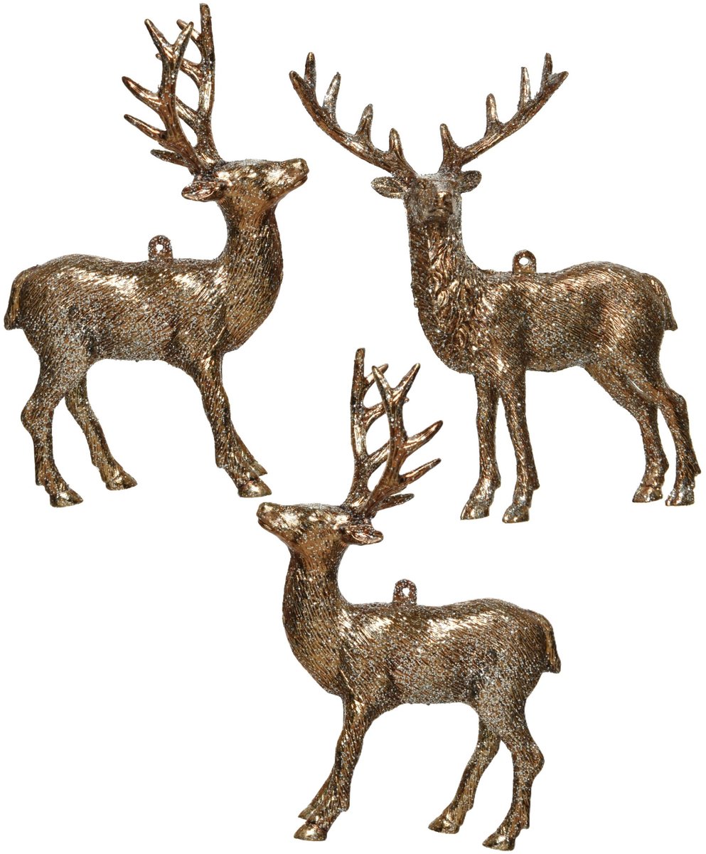 Decoris Kersthangers - 6x - hertje - met glitters - koperbruin - 14 cm - Herten dieren thema kerstboomhangers