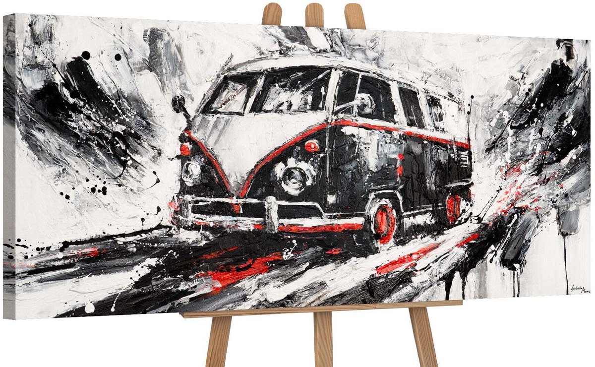 YS Canvas schilderij panoramisch 115x50 handgeschilderd retro drive auto vintage – YS-Art Gallery – Nostalgische wanddecoratie voor woonkamer – Modern schilderij voor hal