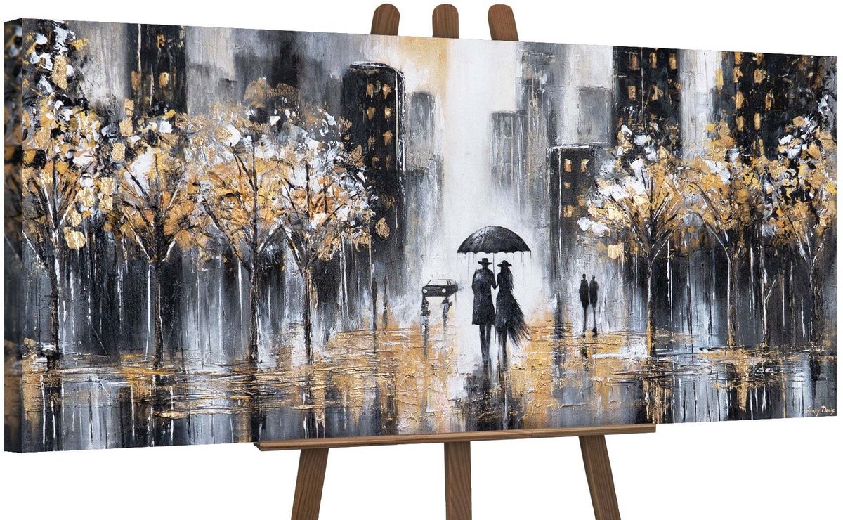 YS Canvas schilderij panoramisch 115x50 handgeschilderd gouden avond zonsondergang – YS-Art Gallery – Sfeervol wanddecoratie voor woonkamer – Modern schilderij voor hal