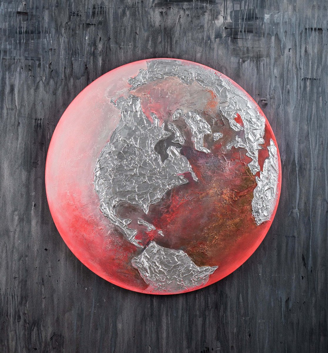 YS Canvas schilderij 90x90 cm handgeschilderd Aarde planeet kosmisch – YS-Art Gallery – Mysterieuze wanddecoratie voor woonkamer – Modern schilderij voor hal Round