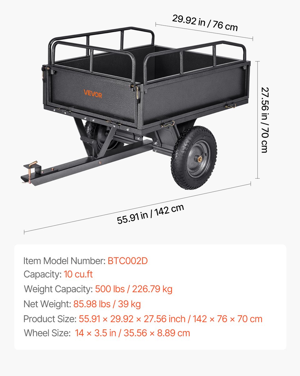 VEVOR Kipper Aanhangwagen Kantelwagen voor Het Trekken Achter ATV Aanhangwagen 142x76x70cm – foto 8