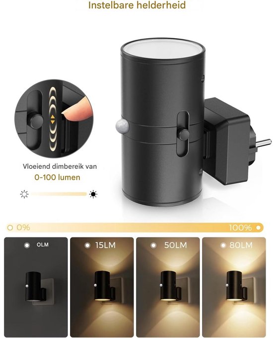 GELLDG 2 stuks LED-nachtlampjes - Stekkerlamp met bewegingssensor - Warm licht - Instelbare helderheid 0-100 lumen - Dimbaar nachtlampje voor binnen - Geschikt voor gangen, slaapkamers, trappenhuizen en keukens van GelldG — afbeelding 2