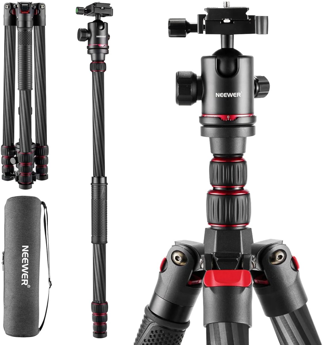 NEEWER 205 cm reisstatief van koolstofvezel, nieuw camerastatief met 2-delige middenas, 360° panoramische balhoofd, 1/4" Arca-type QR-plaat, met ø28 mm kolom, monopodstatief max. belasting 26,5 lb, N55CR