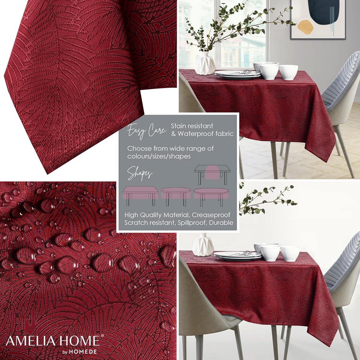 Waterafstotend Tafelkleed Bordeaux met Lotus Effect voor Ovale Tafel 130x180 cm