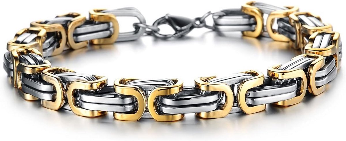 Heren RVS Armband Byzantijnse Schakelketting 22cm Tweekleurig Goud Zilver Inclusief Geschenkzakje