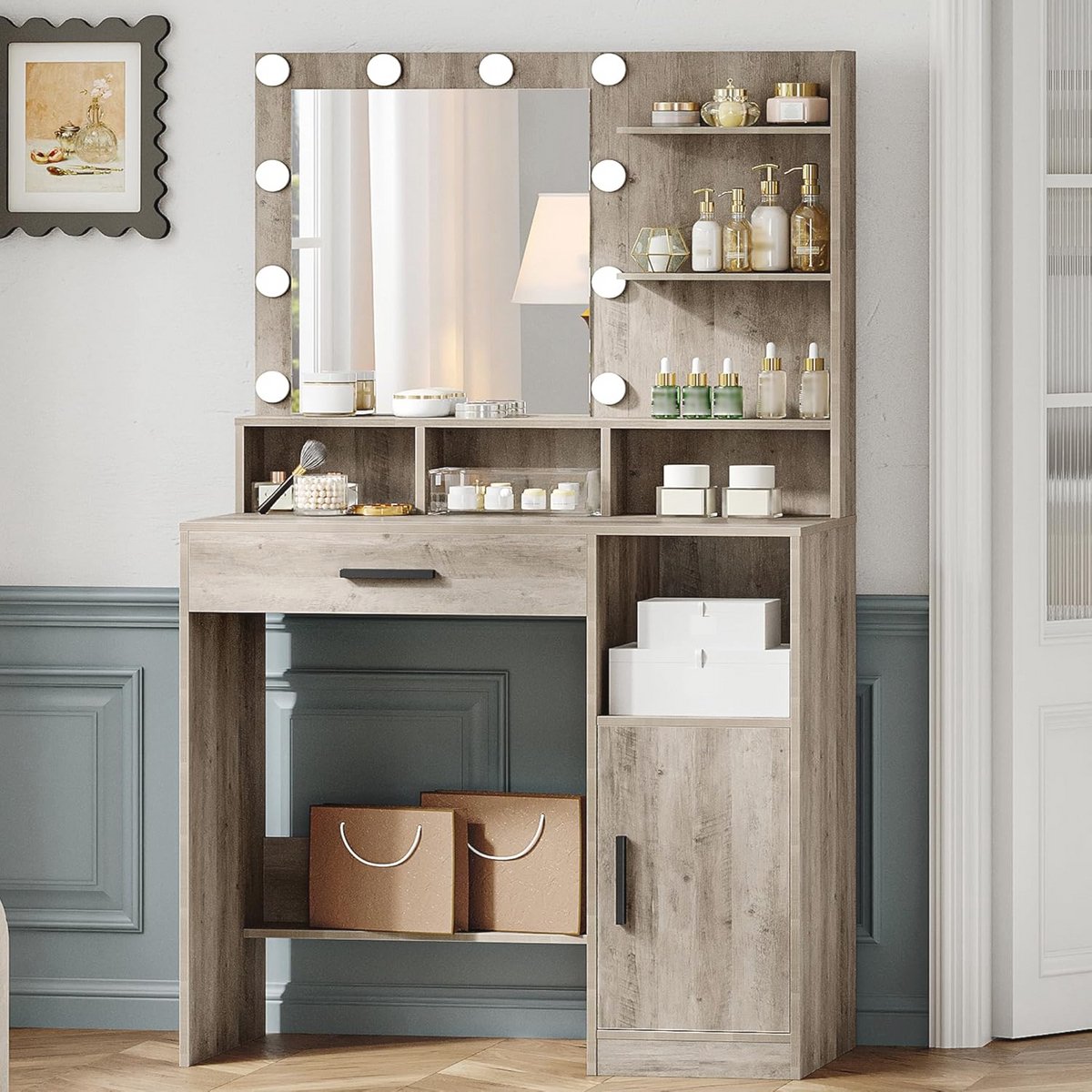Kaptafel met Spiegel en LED Verlichting - 3 Planken en 4 Open Compartimenten