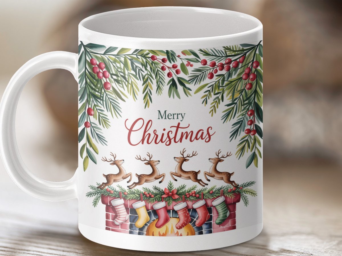 Mok Kerst mok met rendieren, Kerstmis, kerstsokken, open haard, kerstdecoratie, Kerstcadeau
