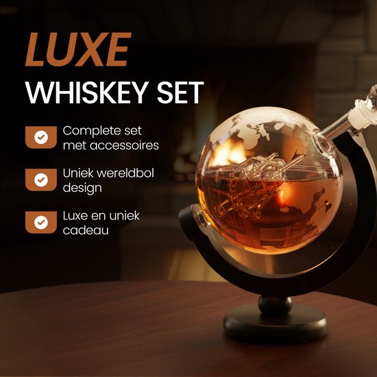 Coffret cadeau Golermo Globe à whisky de Luxe – Carafe + 2 Verres à whisky + 9 pierres rafraîchissantes + support en bois – Coffret cadeau