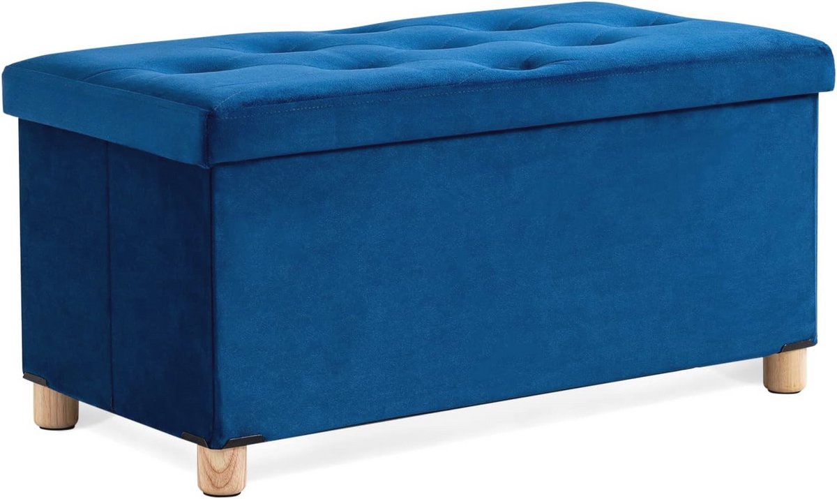 Opvouwbaar voetenbankje met opbergruimte en houten poten - 76 x 38 x 38 cm - Blauw