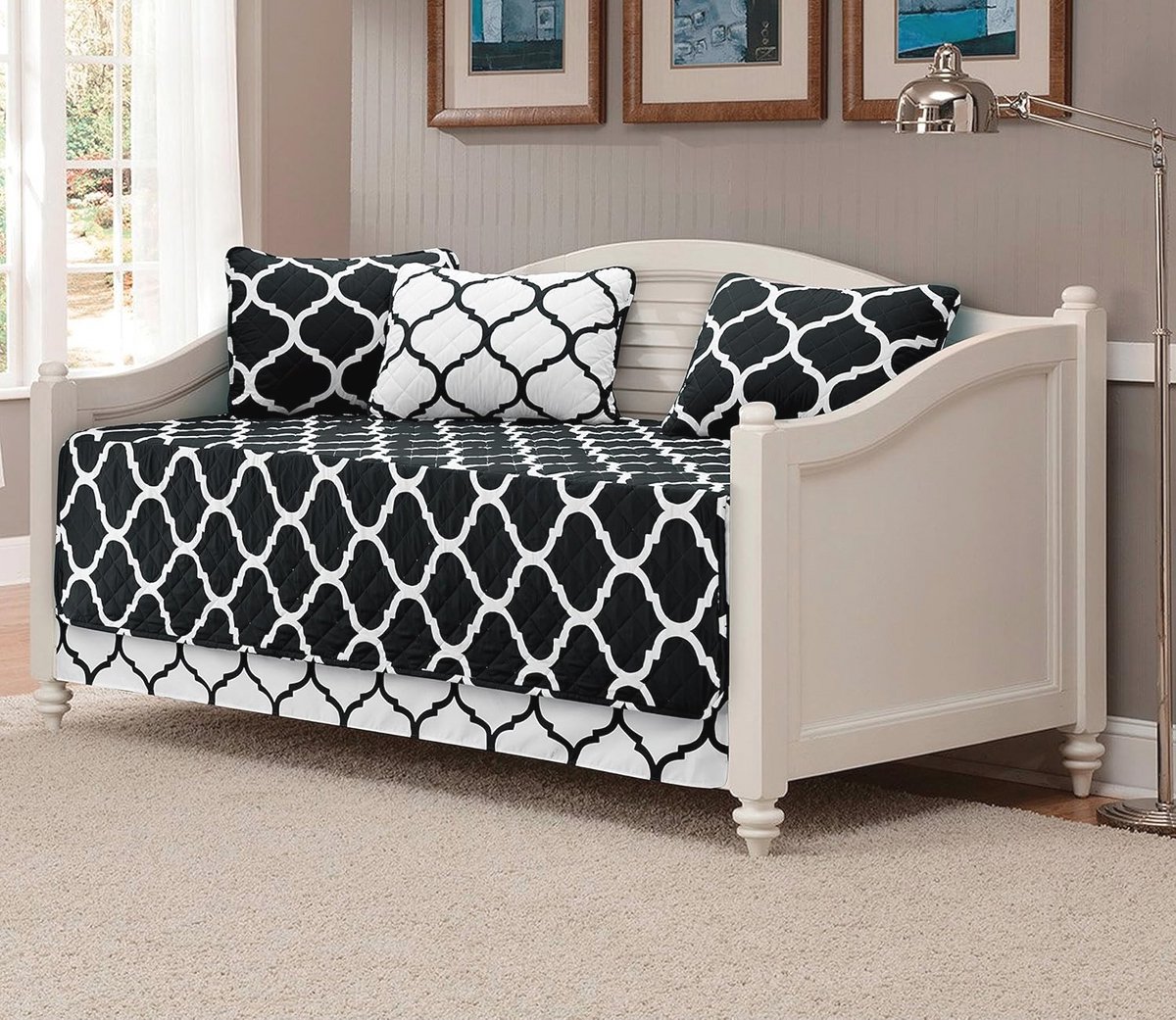 Daybed Dekbedset - Gewatteerde Sprei - Moderne Slaapkamer - Zachte Microvezel - 5 Delig - Geometrisch Zwart/Wit