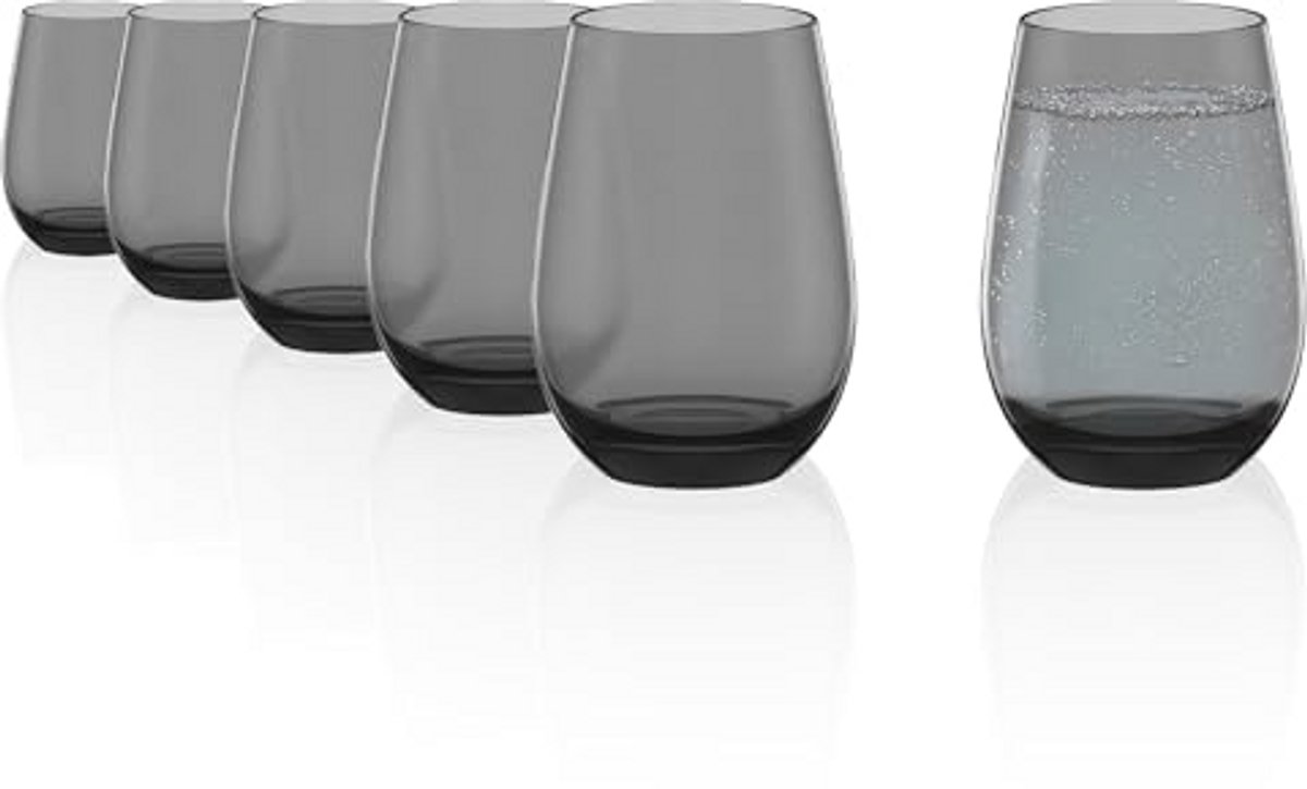 Set van 6 Rookgrijze Kristallen Waterglazen – 465 ml – Schokbestendig, Vaatwasmachinebestendig, Stijlvolle Glazen voor Water, Sap en Cocktails