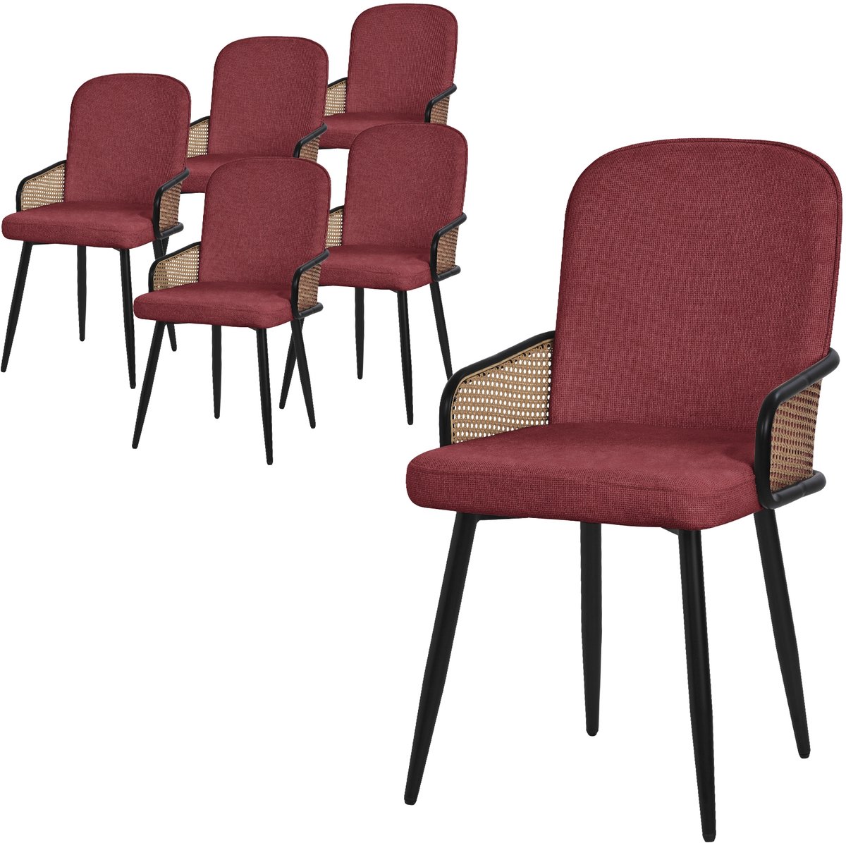 Eetkamerstoelen set van 6 rood met arm & rugleuning, gestoffeerde stoelen voor eetkamer &