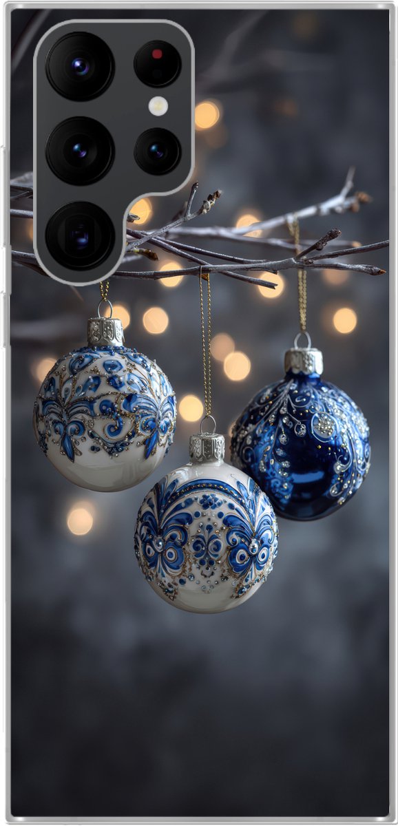 Telefoonhoesje Geschikt voor Samsung Galaxy S22 Ultra hoesje - Kerstbal - Versierd - Blauw - Siliconen Telefoonhoesje Telefoonhoesje