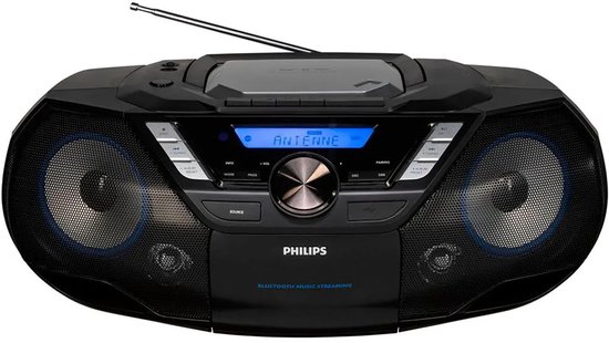 Zwarte Philips radio/CD-speler met DAB+ en Bluetooth. Weergave toont "ANTENNE".
