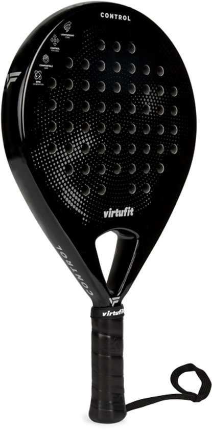 VirtuFit Control Padel Racket - Zwart - Grijs - Inclusief Polskoord - Padelracket - Paddle - Geschikt voor Beginners - Rond Blad met Kern van EVA Foam - Lichtgewicht - Ergonomisch Handvat - Glasvezel Blad