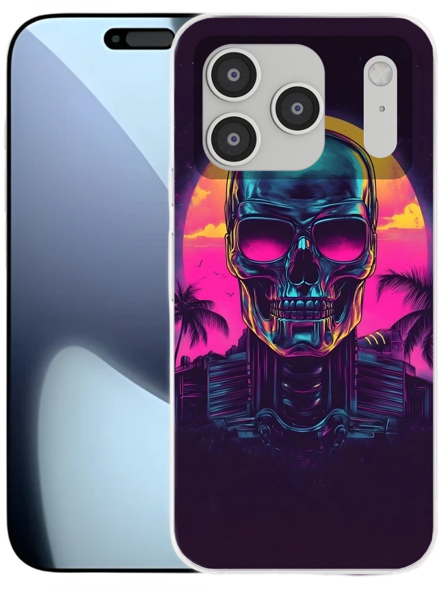Telefoonhoesje Geschikt voor iPhone 17 Pro hoesje - Palmbomen - Hoofd - Metallic - Zonsondergang - Siliconen Telefoonhoesje Telefoonhoesje
