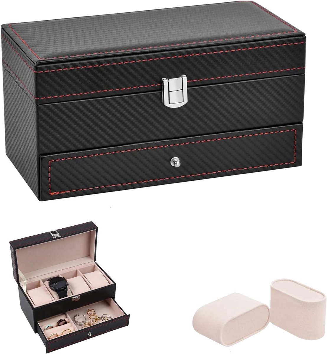 Watch Box met 4 Compartimenten - Met Lade Organizer - Sieraden Opbergdoos voor Horloges voor Vrouwen en Mannen - Zwart