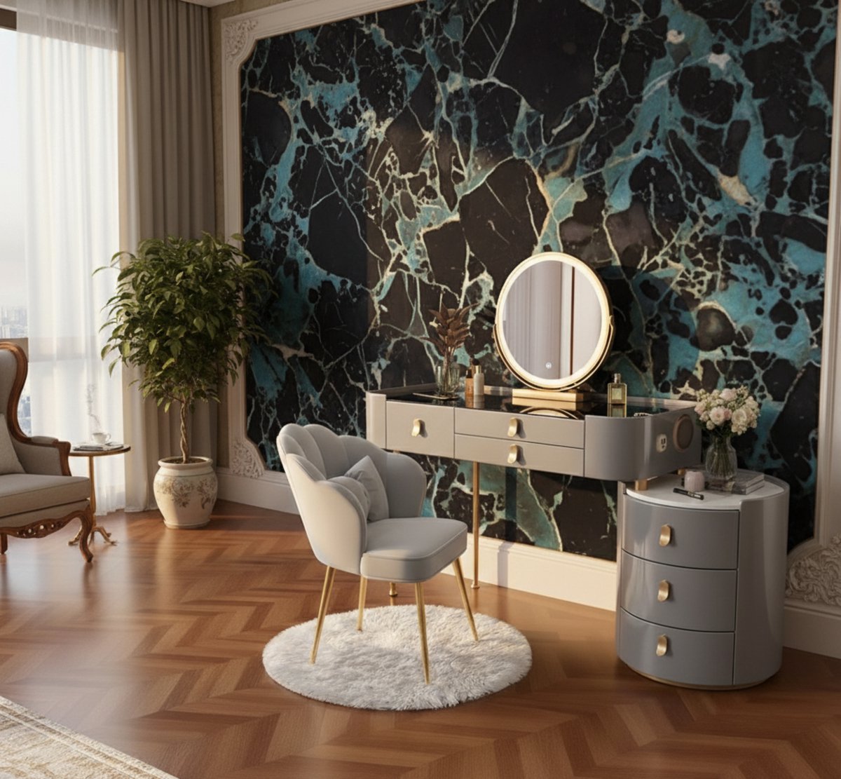 Make-uptafel met Glasplaat en LED Spiegel, 360° Draaibare Make-upspiegel, Kruk, Laden en Bluetooth Luidspreker, 40 x 100 x 76 cm, Grijs Veiligheidsglas A – Altameubel