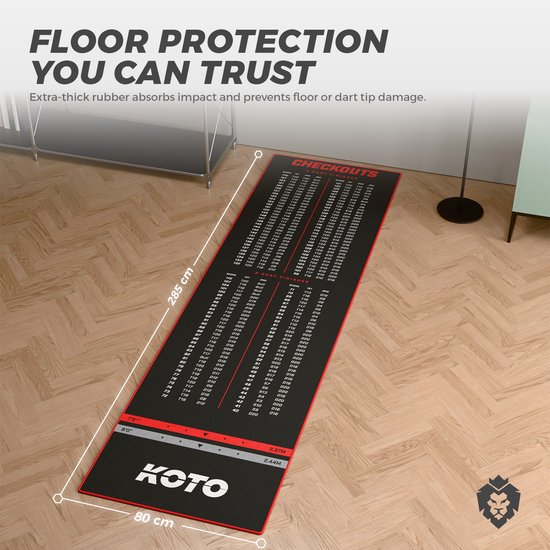 KOTO Check Out Tapijt Rood 285 x 80 cm, Incl. Score-indicatie & Oche Professionele Dartmat, Bescherming Vloer & Dartpijlen, Dart Mat van KOTO — afbeelding 2