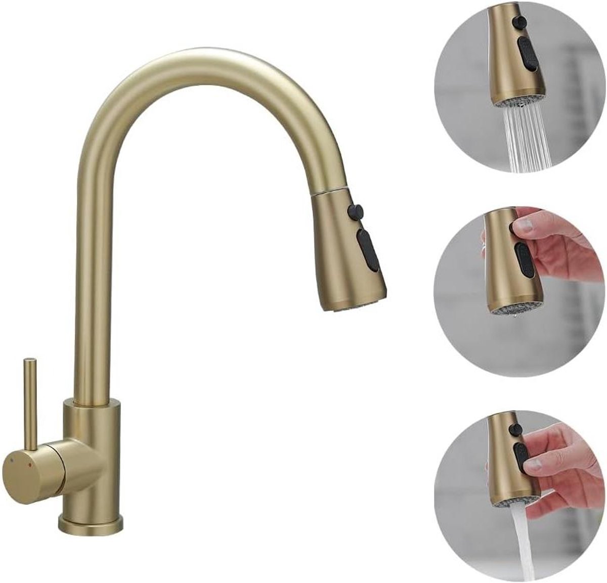 CSGoods - Hoge Arc Keukenkraan met Pull Down Sproeier in Geborsteld Goud, Enkele Handvat, UK Standaard Fittingen