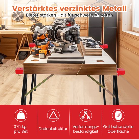 COSTWAY Zaagblokken, set van 2, inklapbare werkbokken, van metaal, tot 375 kg belastbaar, zaagbok met antislip bovenkant en scharnierclip, steiger met draaggreep voor houtbewerking van Merkloos	 — afbeelding 5