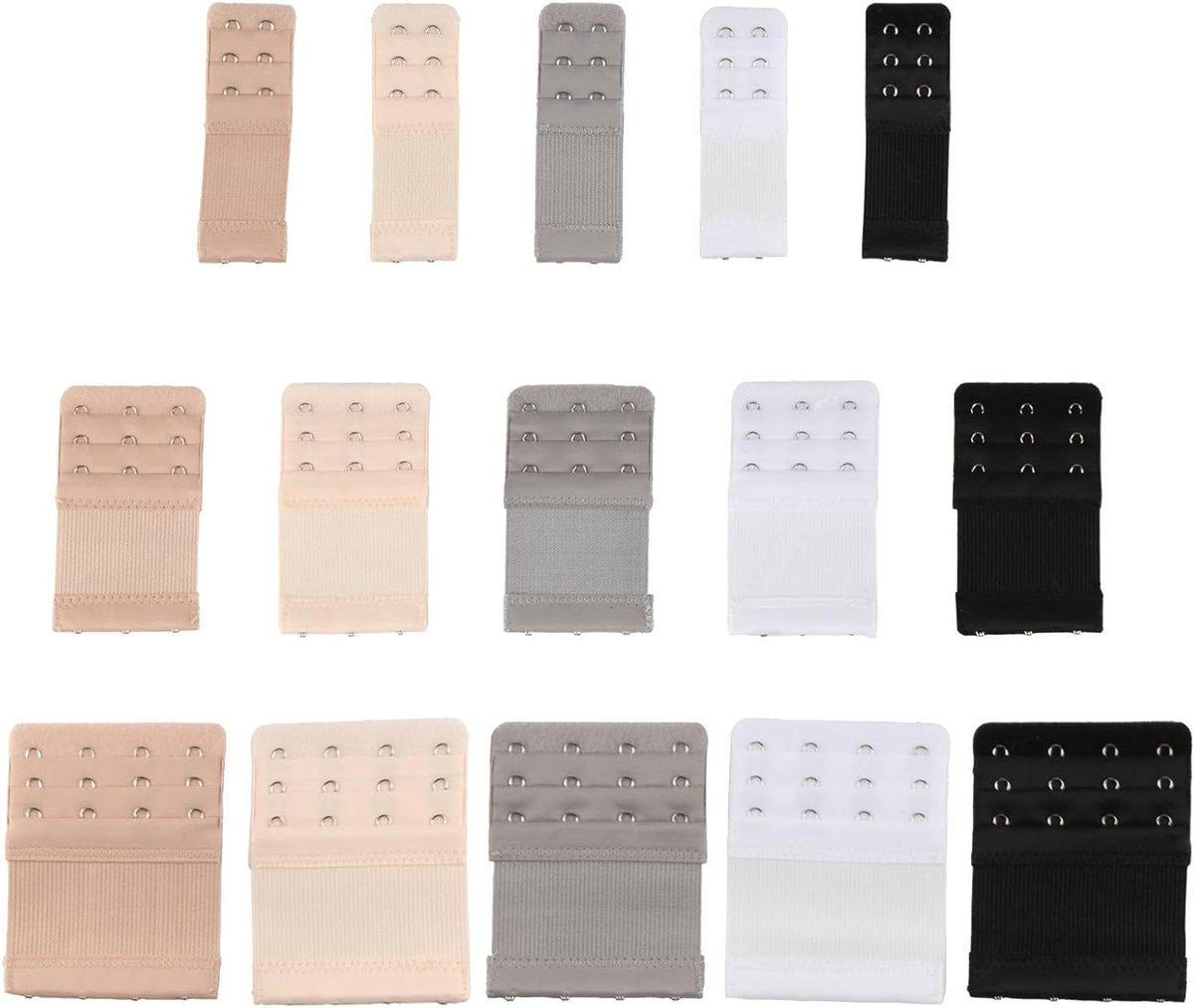 Ronte - Damesbeha-verlenger 15 stuks in zwart, beige en wit met 2 haken, 3 haken en 4 haken. Elastisch ondergoed met zachte beha-sluiting voor optimaal draagcomfort.