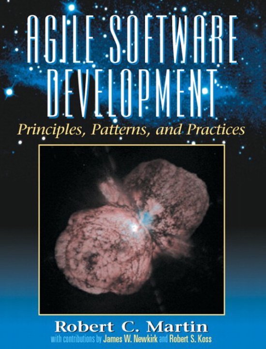 Boek 'Agile Software Development, Principles, Patterns, and Practices' door Robert C. Martin. Achtergrond met sterren en een afbeelding van een nevel.