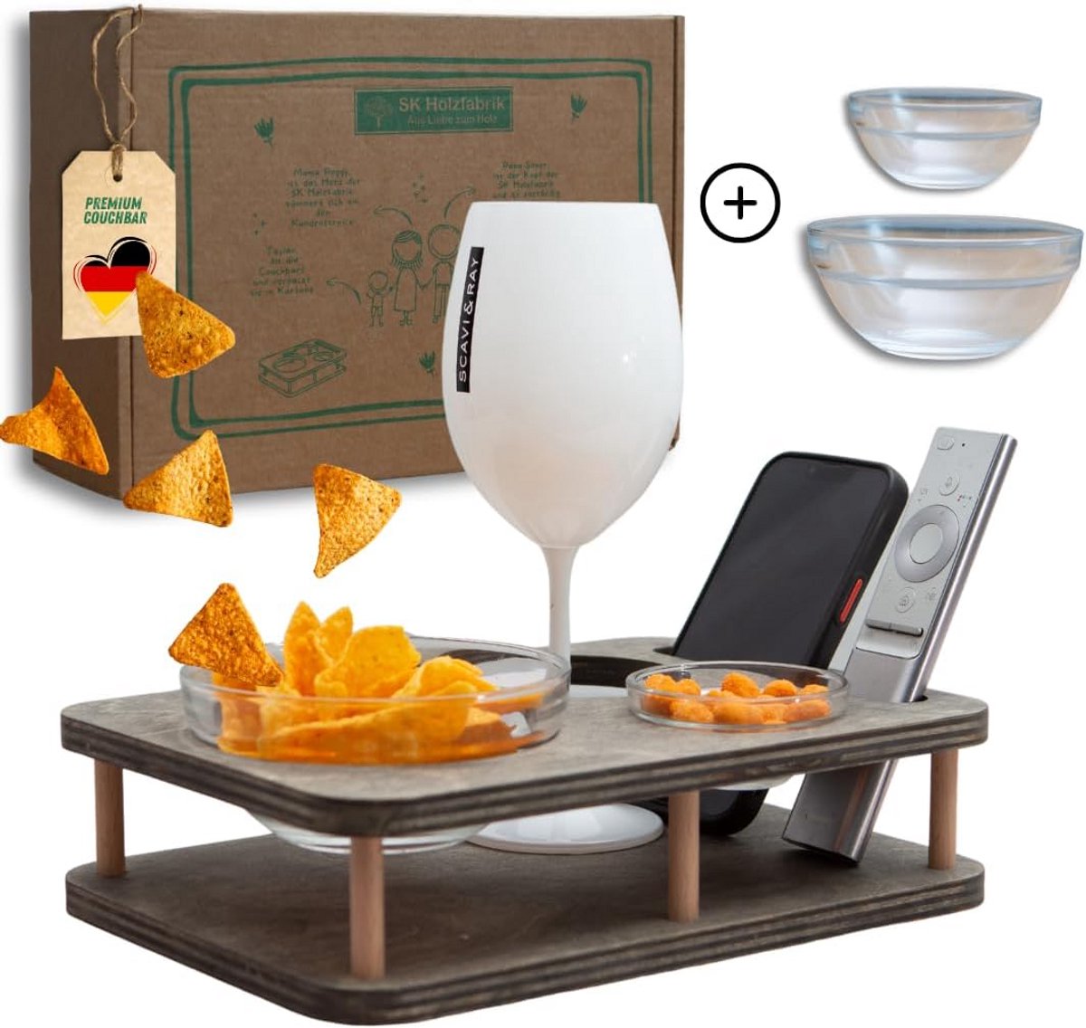 Snack- en drankenbank grijs met glazen schalen en bekerhouder
