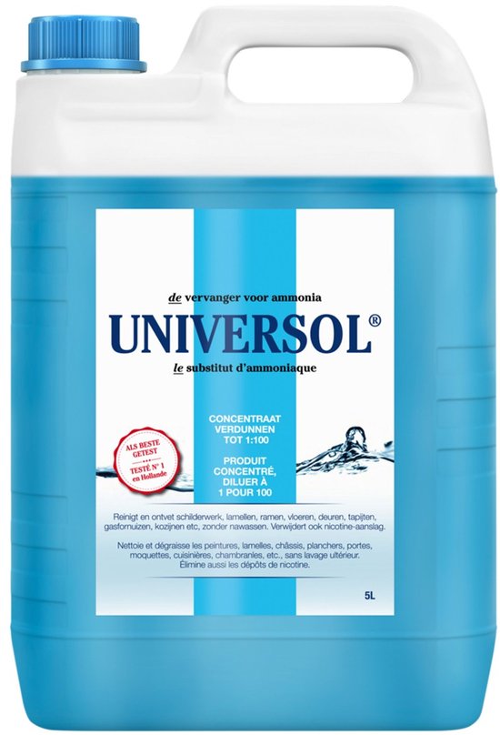 Blauwe jerrycan van 5L met witte dop, label met 'UNIVERSOL' en blauwe strepen. Toont schoonmaakmiddel.