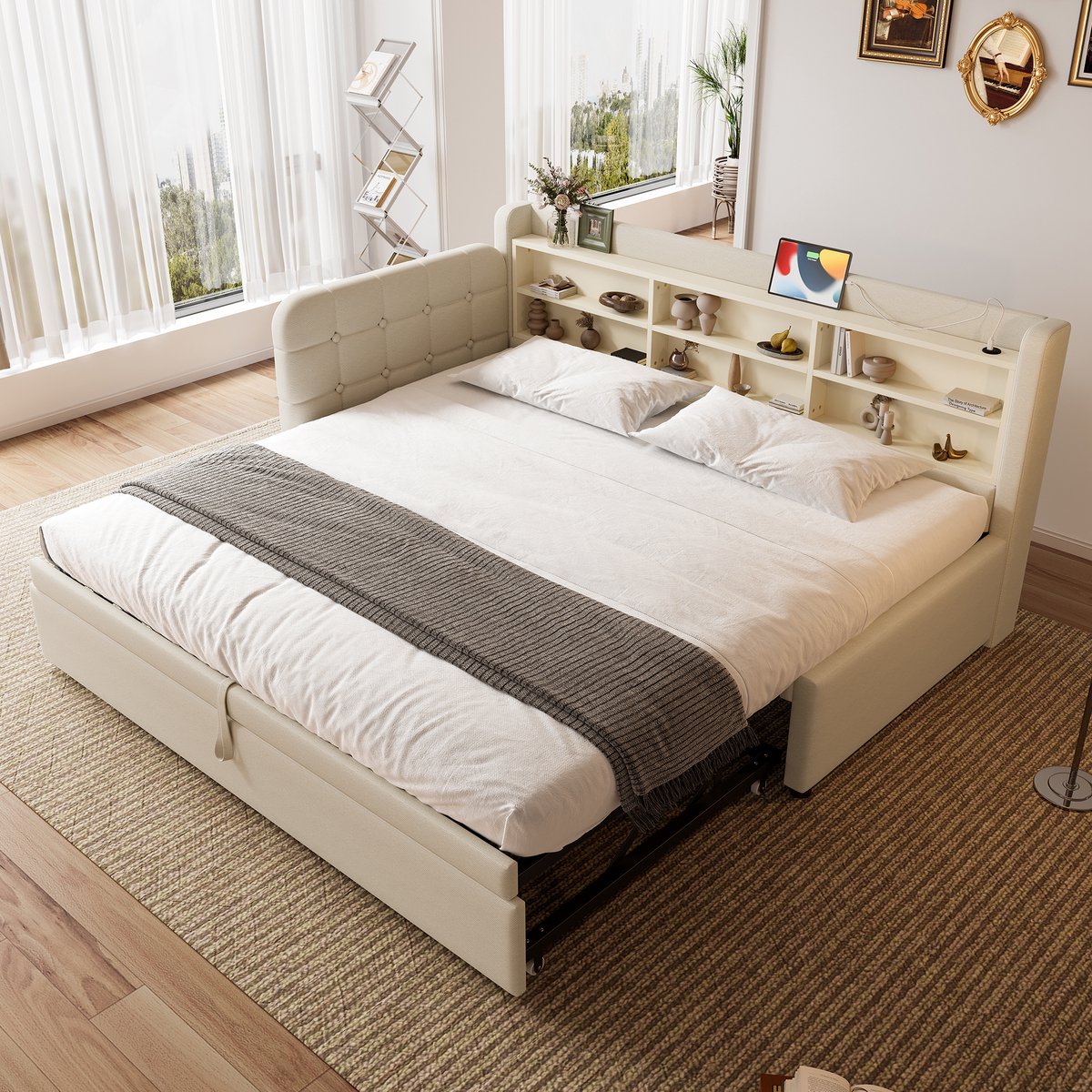 OKWISH Dagbed 90x200cm - Uittrekbaar Tot 180x200cm - Met USB En Type-C Oplaadpoorten - Met Opbergruimte - Linnen - Beige - Zonder matras