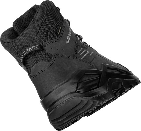 Zwarte Lowa Renegade wandelschoen met Gore-Tex. De schoen heeft veters en een opvallende rubberen zool.