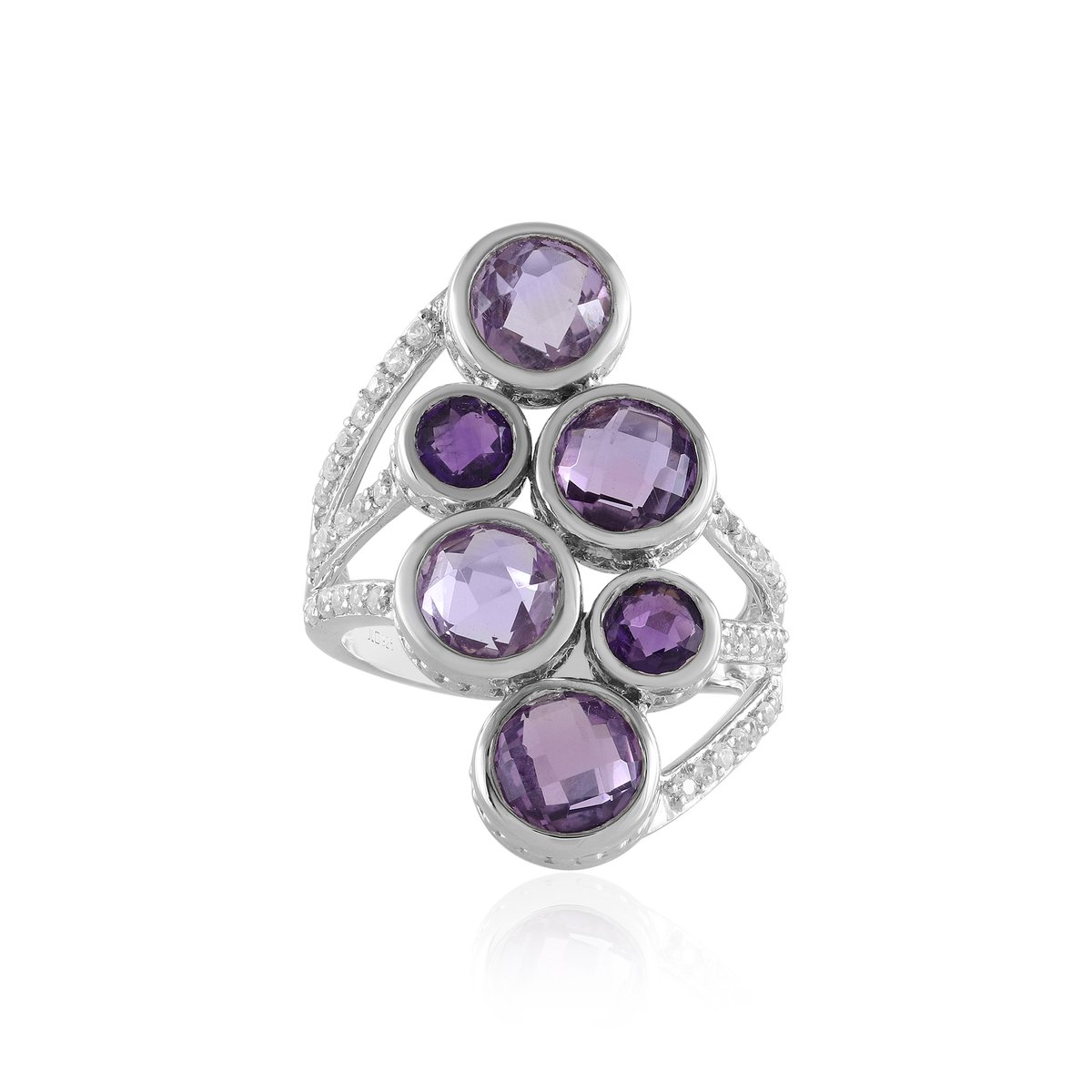 Cavill - Zilveren Cocktail Ring - 925 Sterling Zilver Geplatineerd - 3,93 Ct Lavendel Amethist Ronde Facet Edelstenen