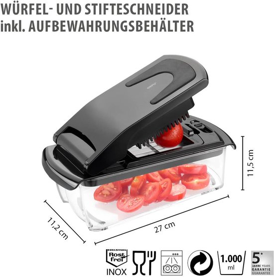 Foto: Groentesnijder blokjes reepjes schijvensnijder multichopper 3 messen 1l vaatwasserbestendig zwart kunststof rvs gefu treppo