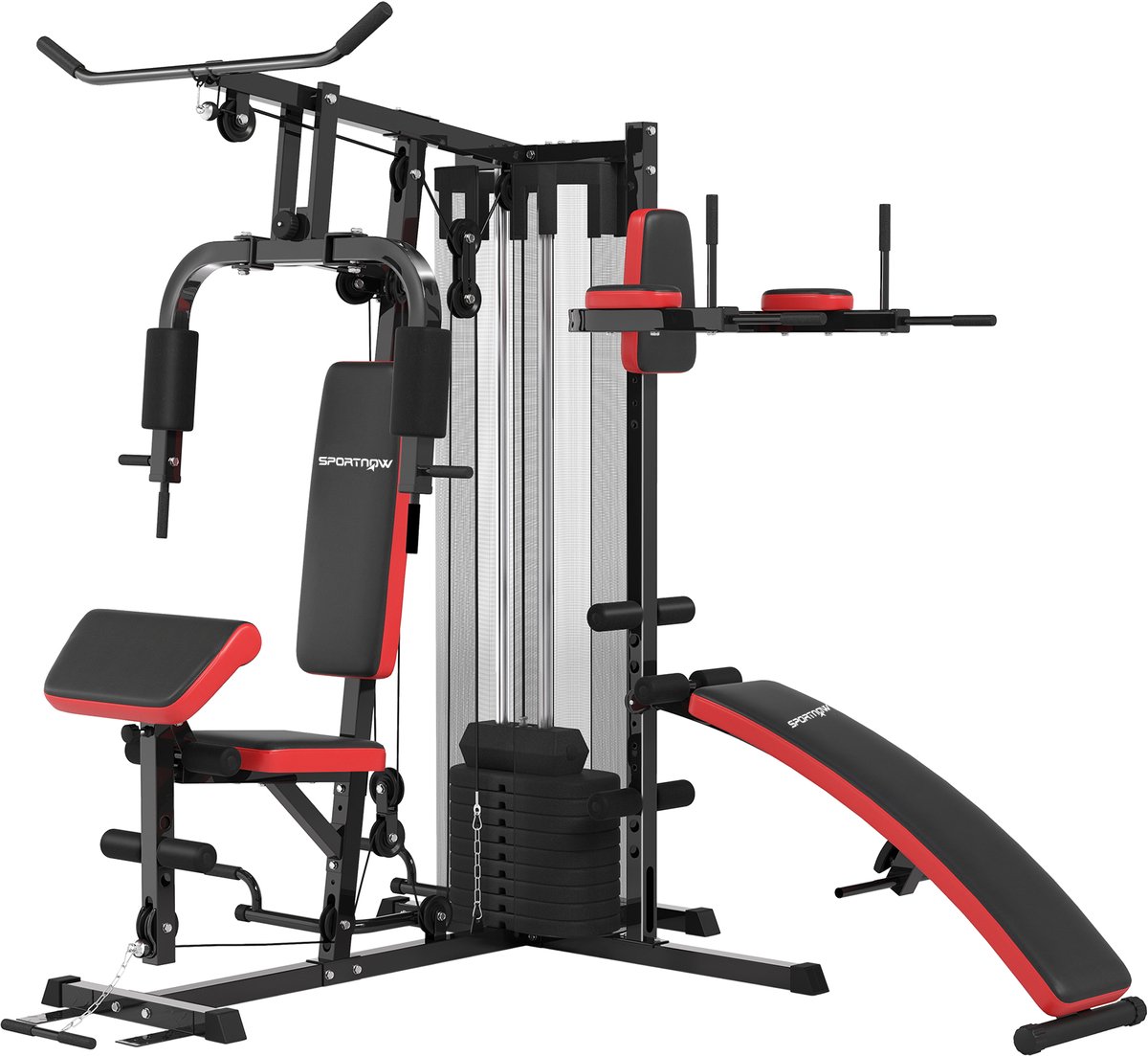 SPORTNOW Multifunctioneel Gymstation voor Diverse Oefeningen Staal, Kunstleer 225L x 175B x 200H cm Zwart
