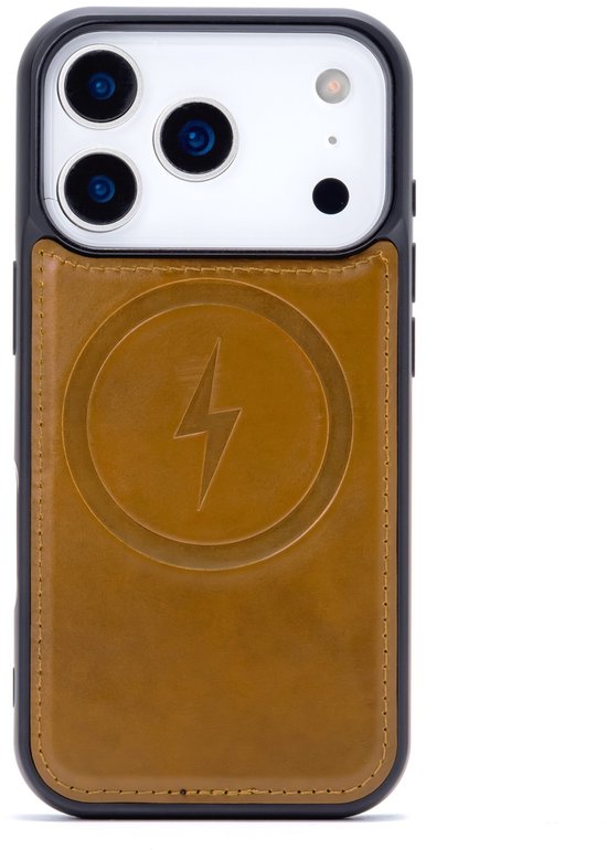 Bruin leren telefoonhoesje met een MagSafe-compatibel bliksemschicht-logo, voor een iPhone.