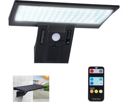 Deze buitenlamp op zonne-energie is voorzien van 90 leds, een bewegingssensor, 6000K zonneveiligheid, IP65 waterbestendigheid, een afstandsbediening en vier gebruiksstanden. Hij is geschikt voor patio's, terrassen en andere buitenruimtes.