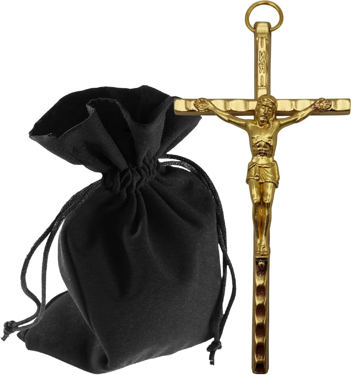 Provento - Wandkruis van metaal 11 cm in goudkleur - Katholiek metalen kruis - Met INRI gravure - Voor deurkozijnen, aankleedruimte en woonkamer - Christelijk wandkruis met fluwelen zakje - Spirituele decoratie.