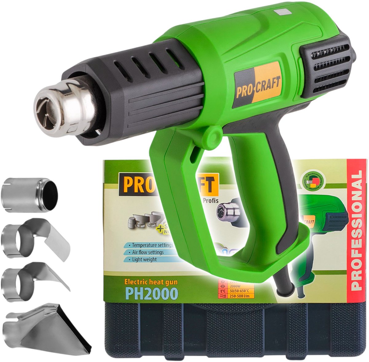 Procraft PH2000 heteluchtpistool 2000 watt 50 - 600 °C + 4x mondstuk + koffer