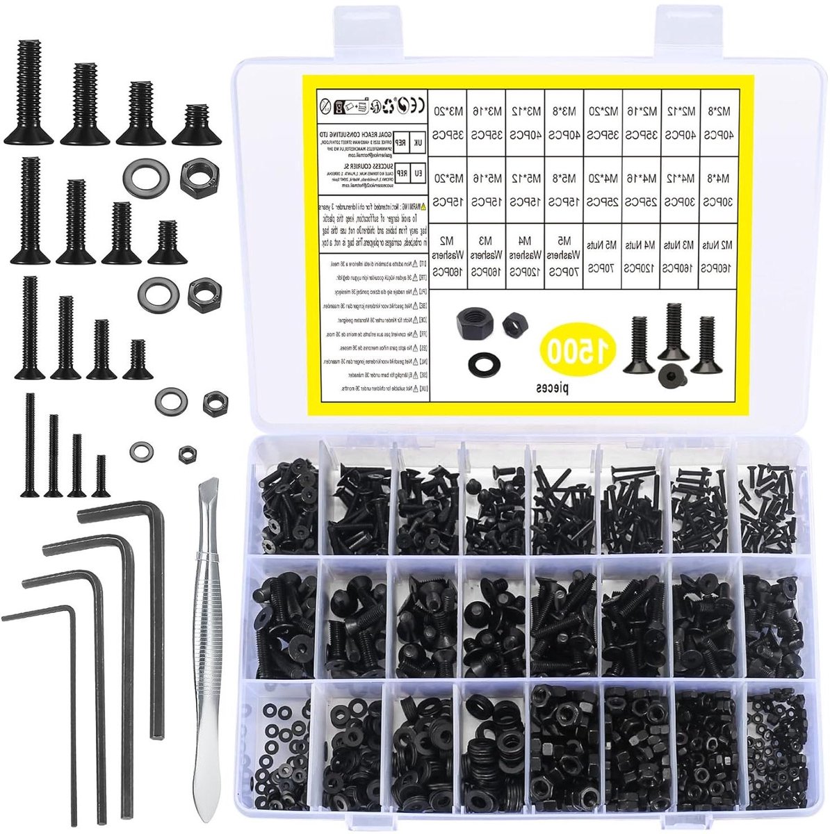 Provento - Assortimentsset van Inbusbouten, Moeren en Ringen, Verzinkte Vormige Schroeven - Platform machineschroeven, Roestvrij stalen cilinderschroeven - Schroevenset - M2 M3 M4 M5 - 1500 stuks