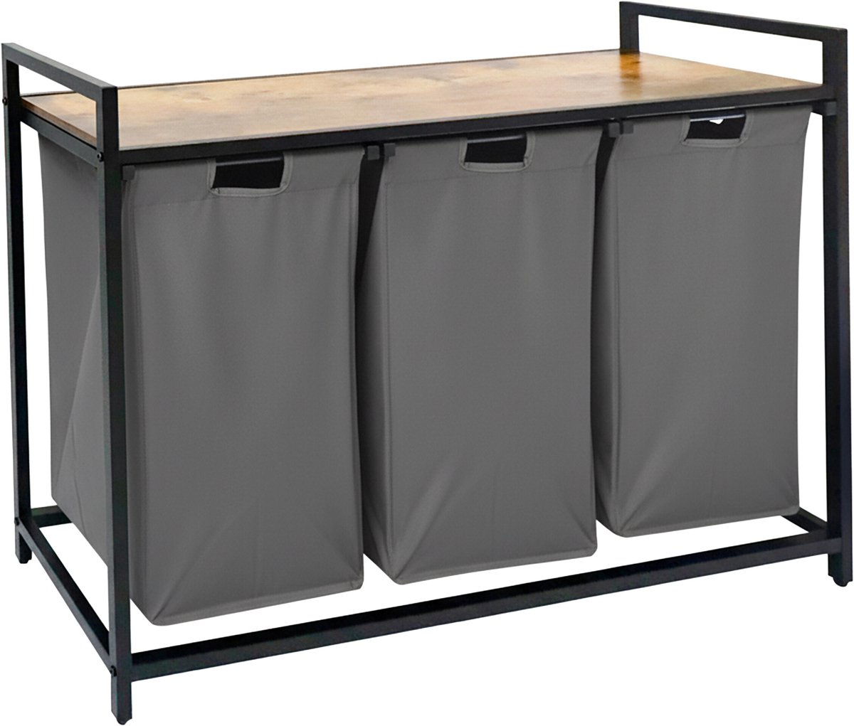 Wasmand 3 vakken - 150 liter - met plank - grijs-natuur