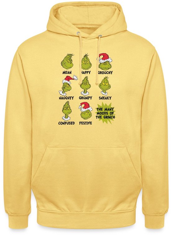 Gele hoodie met de tekst 'The Many Moods of The Grinch' en illustraties van de Grinch.