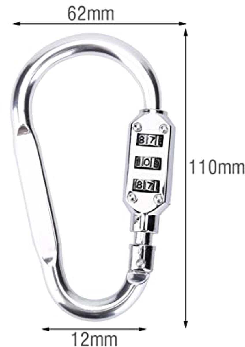 Karabijnhaakclip in 3 kleuren, reistas, bagage, veiligheidsslot met cijferslot, vergrendelbaar hangslot voor buitengebruik (kleur: zilver)