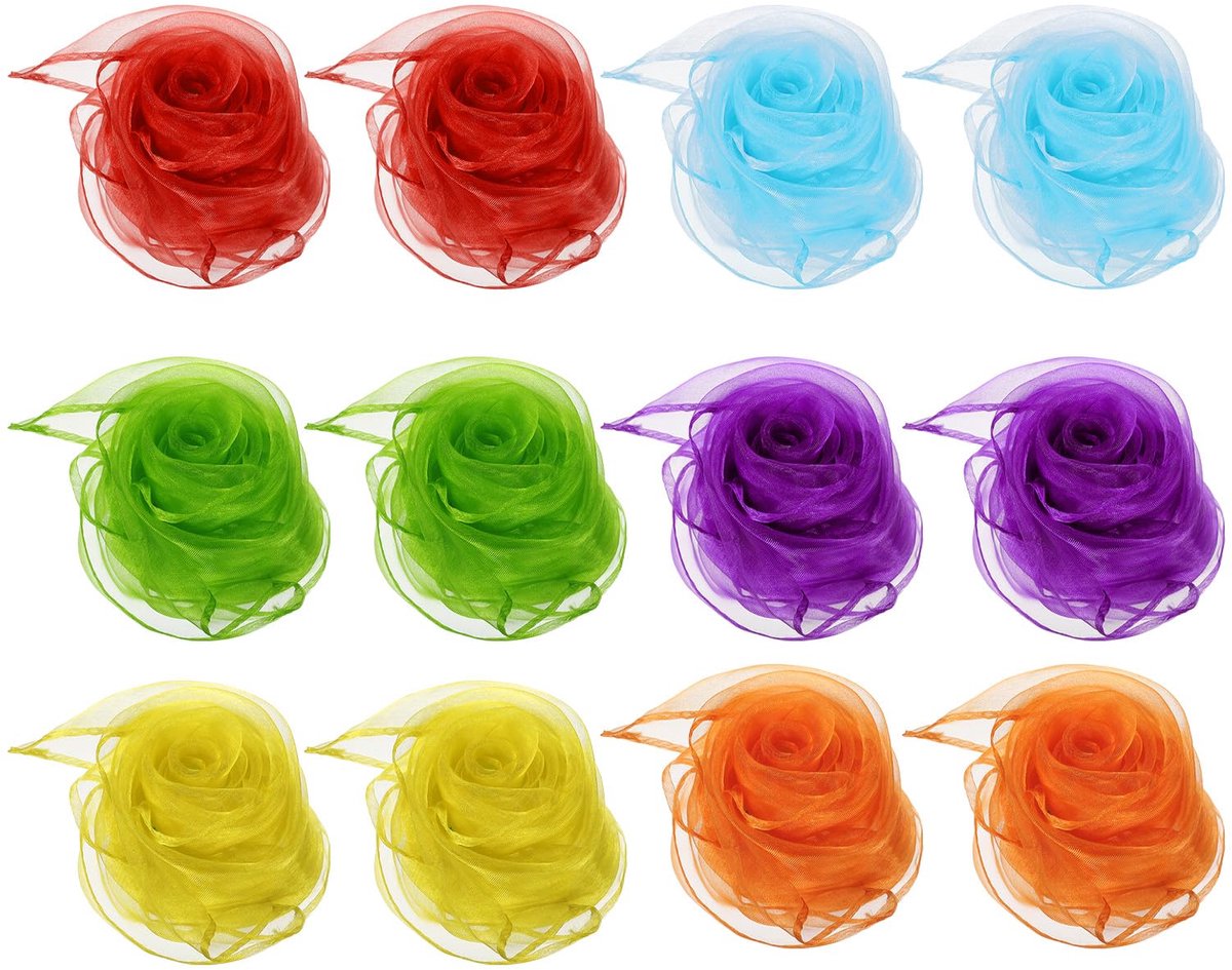 Danssjaals, 12 stuks vierkante jonglerende sjaals 61 bij 61 cm voor spelen, magische muziek, activiteit, jongleren dressing, rood, geel, lichtblauw, groen, paars, oranje