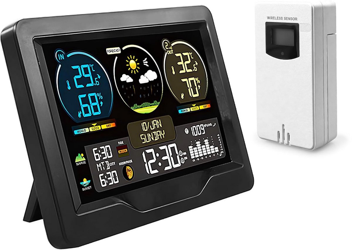 Draadloos Weerstation Met Buitensensor En Kleurendisplay – Temperatuur, Luchtvochtigheid En Weersvoorspelling