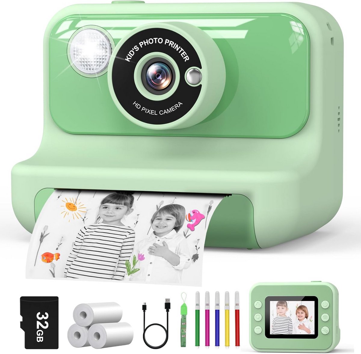 Instant Print Kindercamera - 2,4 Inch Digitale Camera voor Kinderen met 32 GB Kaart en 3 Rollen Fotopapier - Perfect als Cadeau voor Jongens en Meisjes van 3-12 Jaar