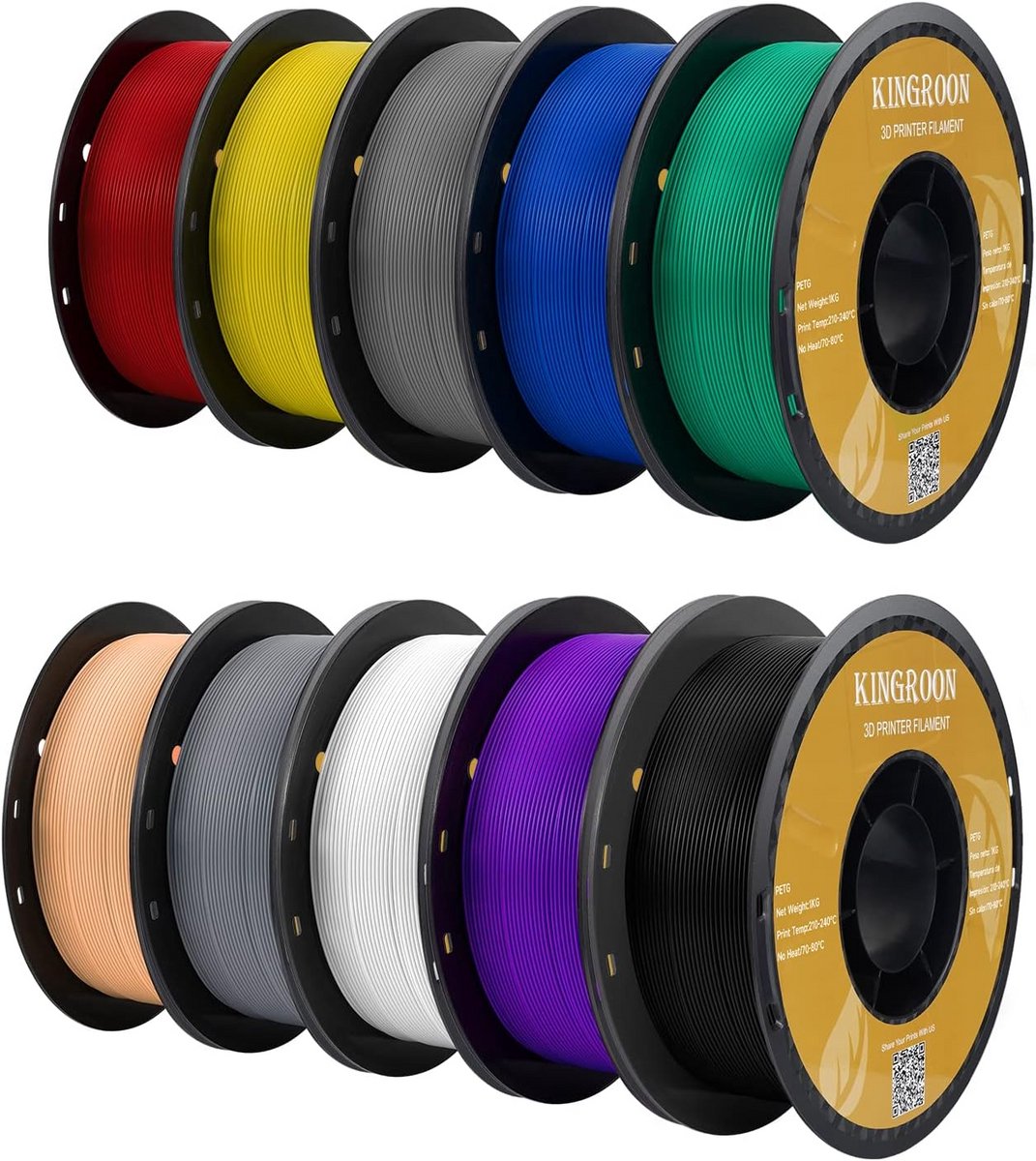 3D-printerfilament Set, 10 Rollen PETG, 1.75mm, Diverse Kleuren, Hoge Nauwkeurigheid