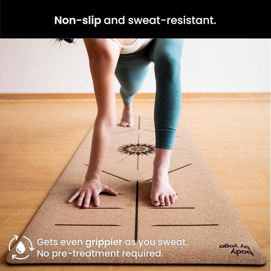 Body By Yoga Kurk yogamat antislip, zacht, zweetbestendig. Dikker, langer en breder voor meer comfort en ondersteuning. Sterk genoeg voor warme yoga. Optionele ingebouwde houdlijnen (80" X 26" X 6,5 — afbeelding 2