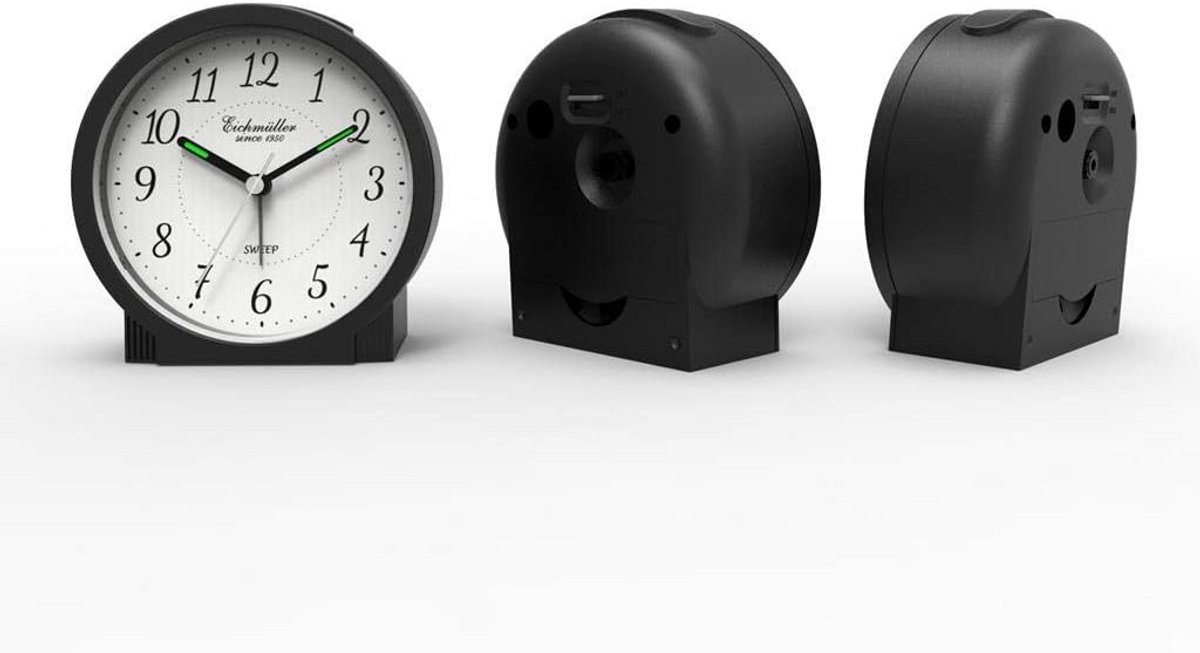 Eichmüller since 1950 Klassieke analoge wekker met licht en lichtgevende wijzers, stil uurwerk met sluipende seconde en stijgende wektoon, kleur zwart