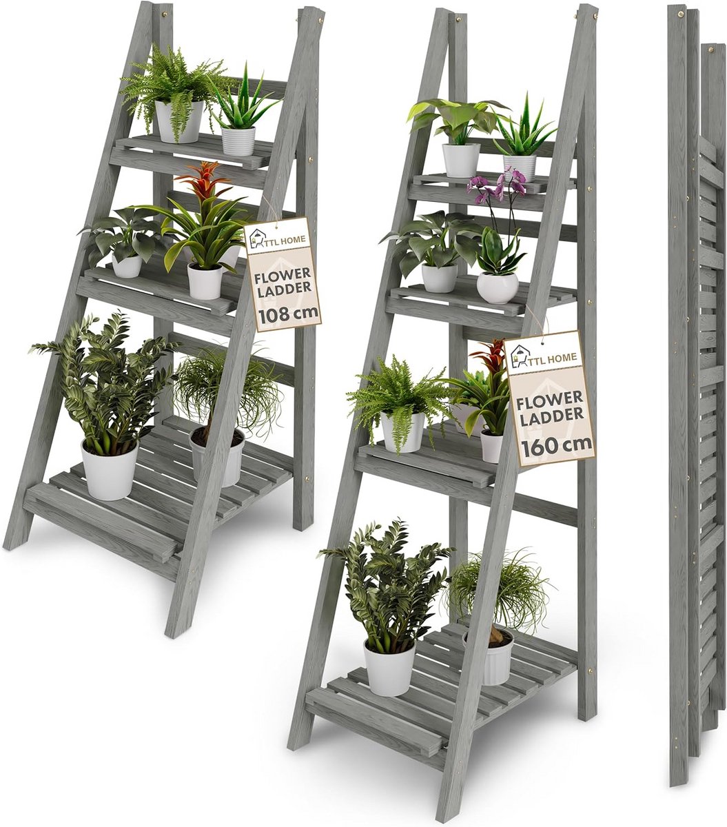 Massief Houten Bloemenladder Set van 2, Inklapbaar Plantenrek voor Balkon en Tuin, 108 en 160 cm