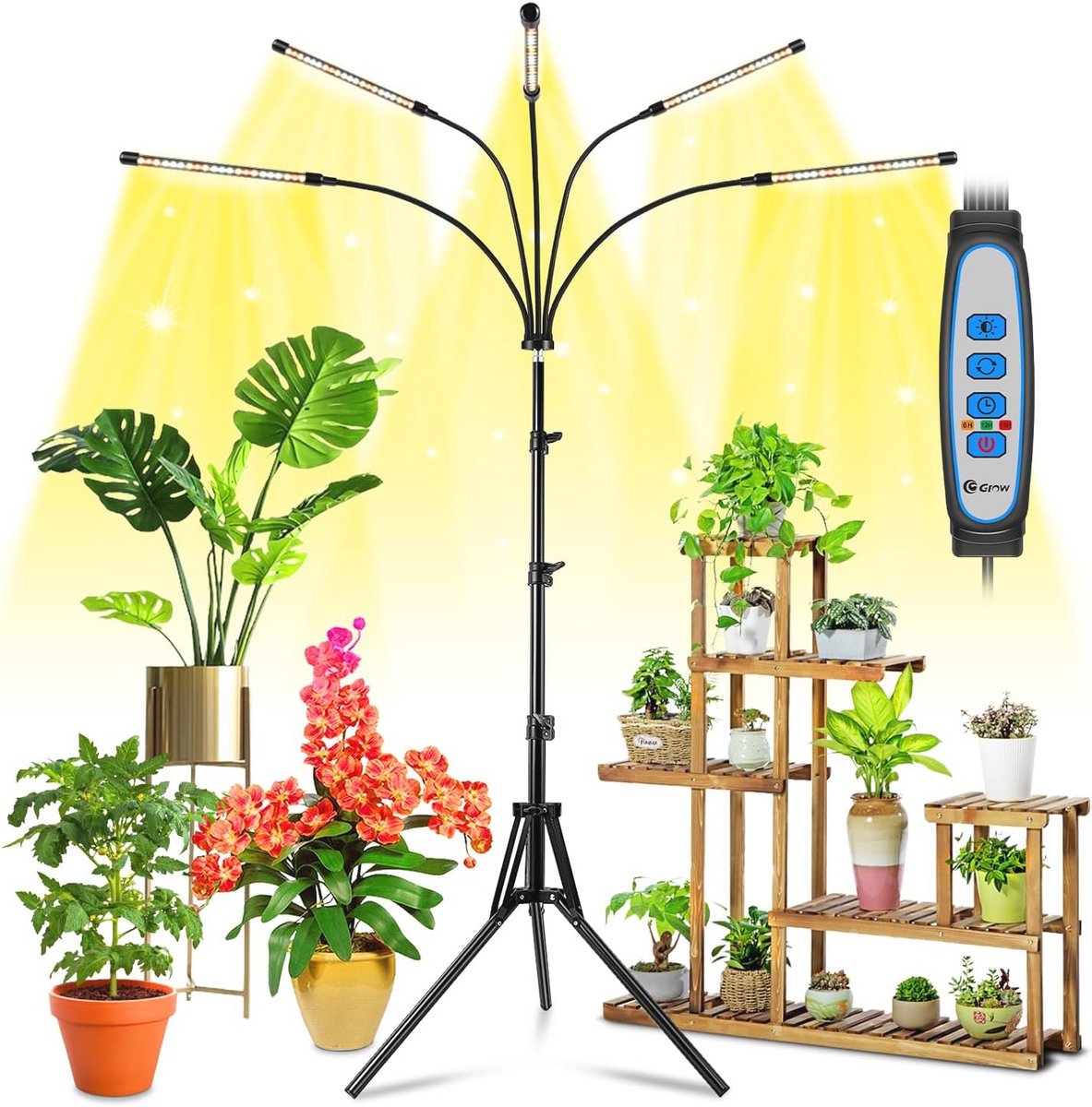 Volledig Spectrum Plantenlampen voor Binnenkweek – 5-kops Kweeklamp met 100 LEDs en Verstelbare Standaard